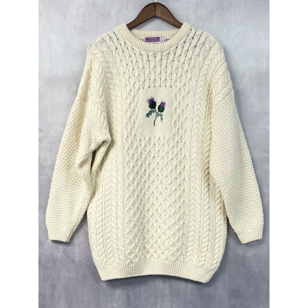 Highland Home Womens Wool Sweater Size XL Cable Knit Fisherman Aran Thistle Scot